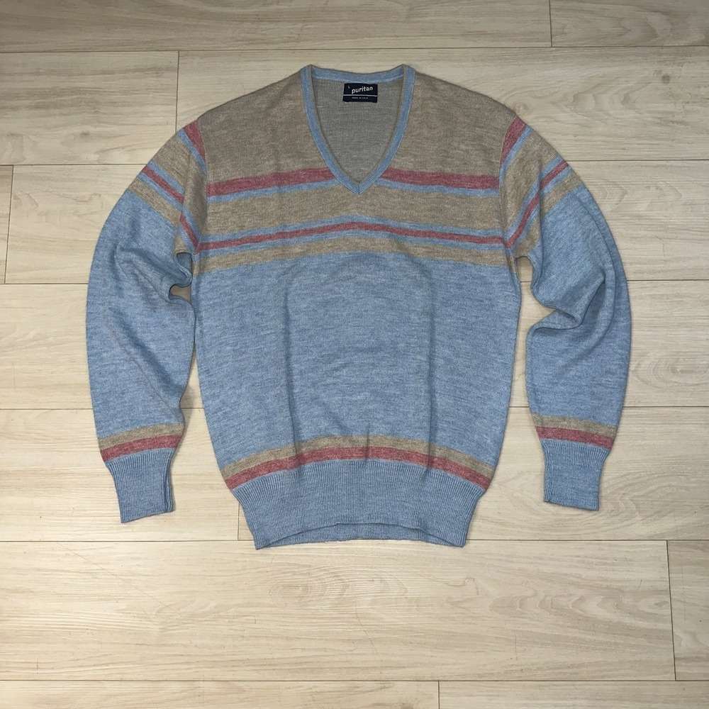 Vintage Puritan V-Neck Sweater‎ Mens Size Large Multi-Color Stripe USA Made